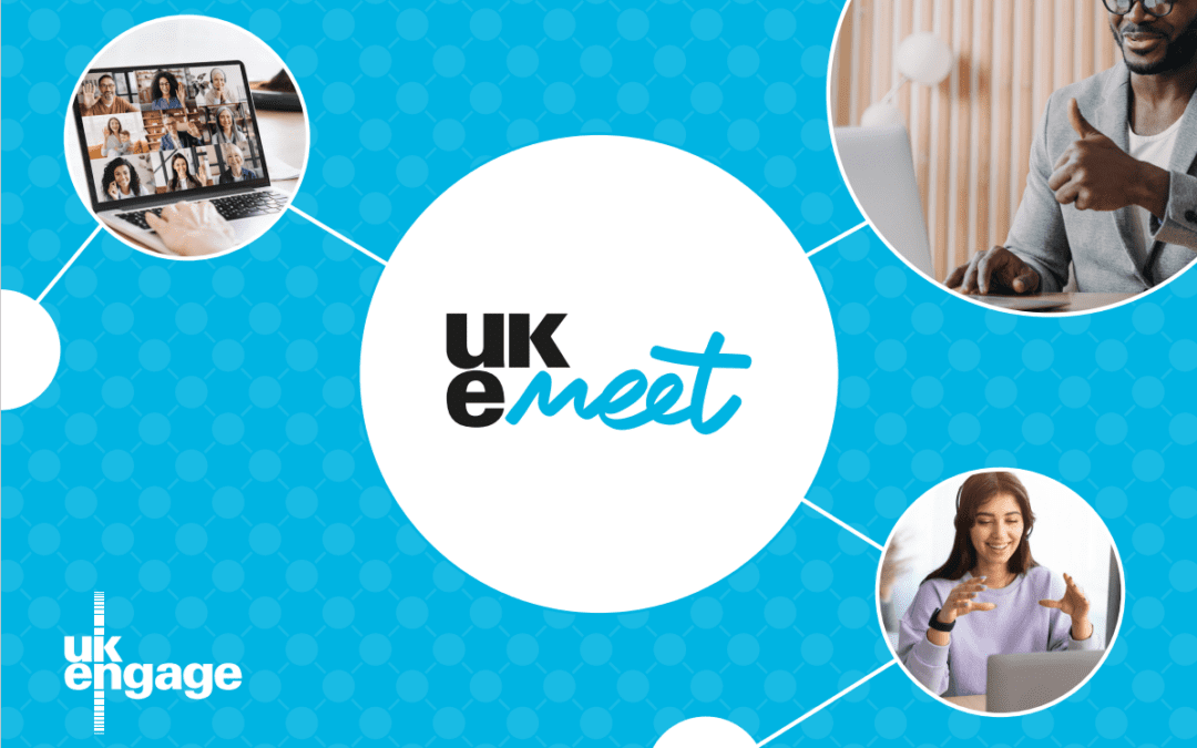 UKEmeet Branding. Examples of laptop, person in meeting and person in online meeting.